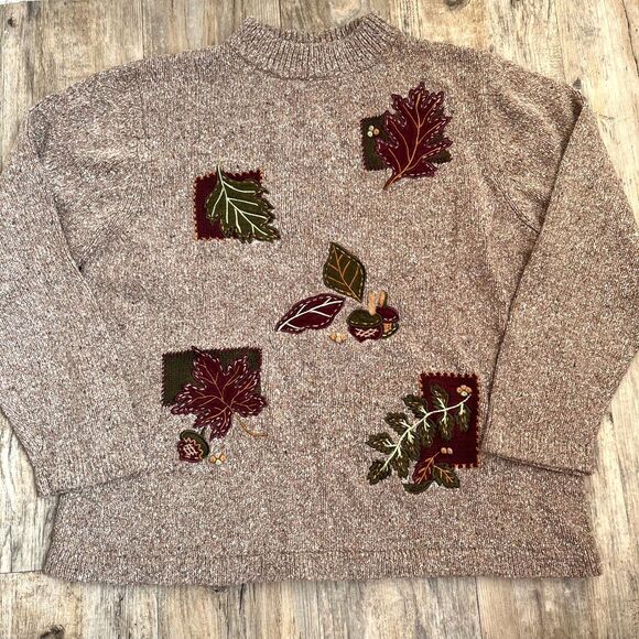 Draper's and Damon's Sweater Vintage Fall Women's M Brown Patchwork Leaves - Picture 2 of 9